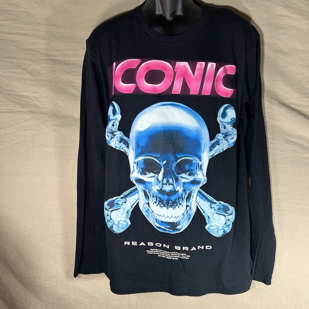 Reason Brand ICONIC Skull Crossbones Long Sleeve Shirt Mens Large Black